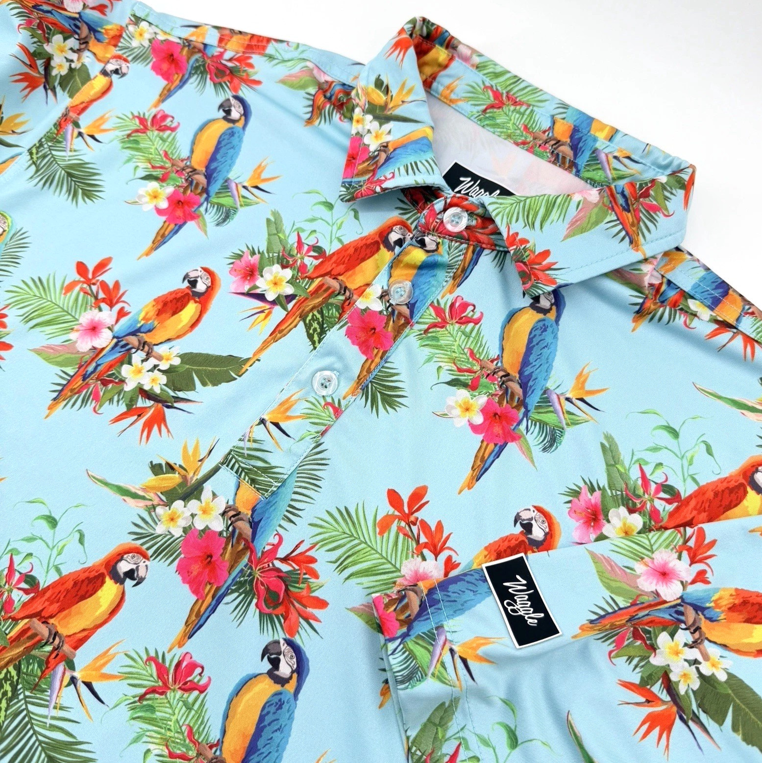Waggle Polo Shirt Mens XL Blue Parrots Floral Print Stretch Performance Golf