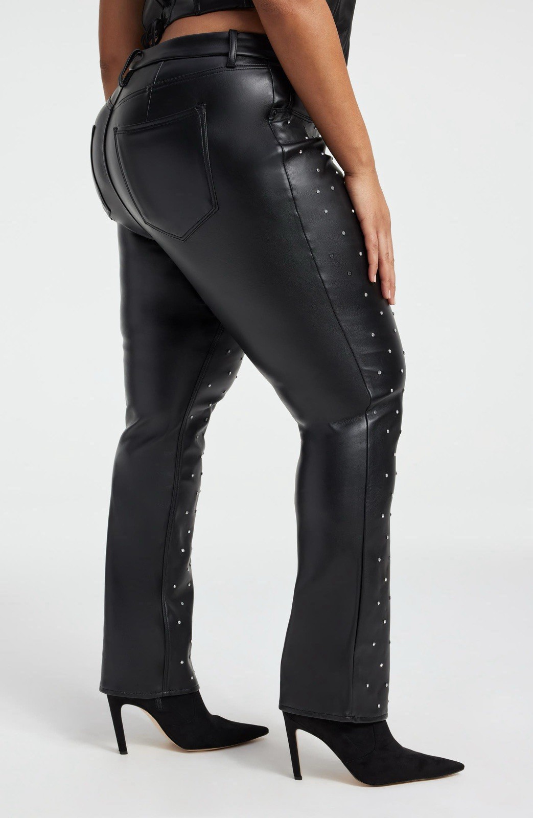 Good American Faux Leather Pants Sz 16 Crystal Embellished Icon Stud Black Glam