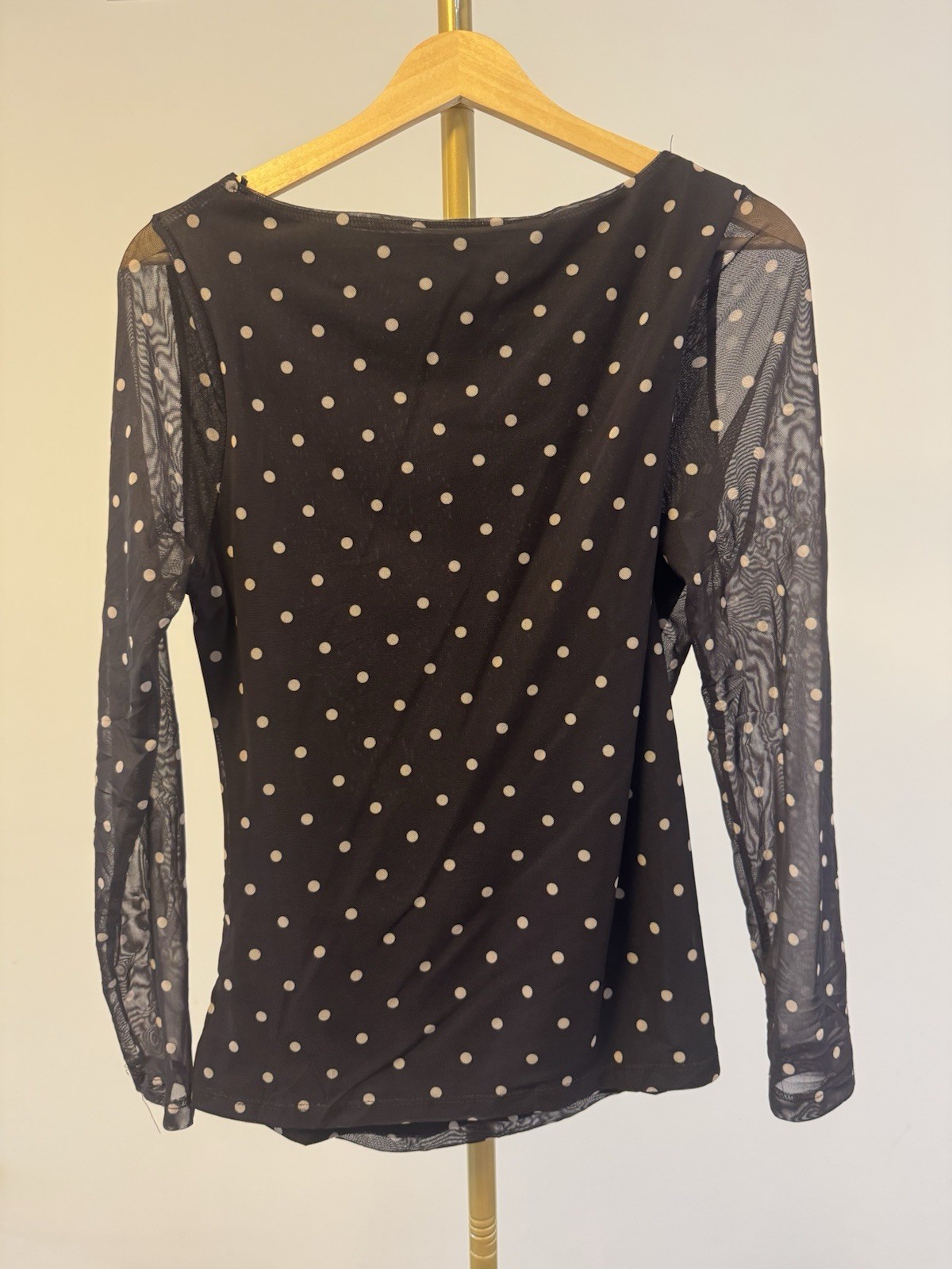 Size Large Primark Dark Brown Polka Dot Mesh Top Long Sleeve Sheer Stretch Top
