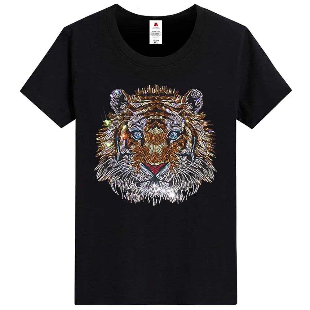 New Fashion Tiger Rhinestones Summer Short Sleeve Luxury Men Designer T-Shirt