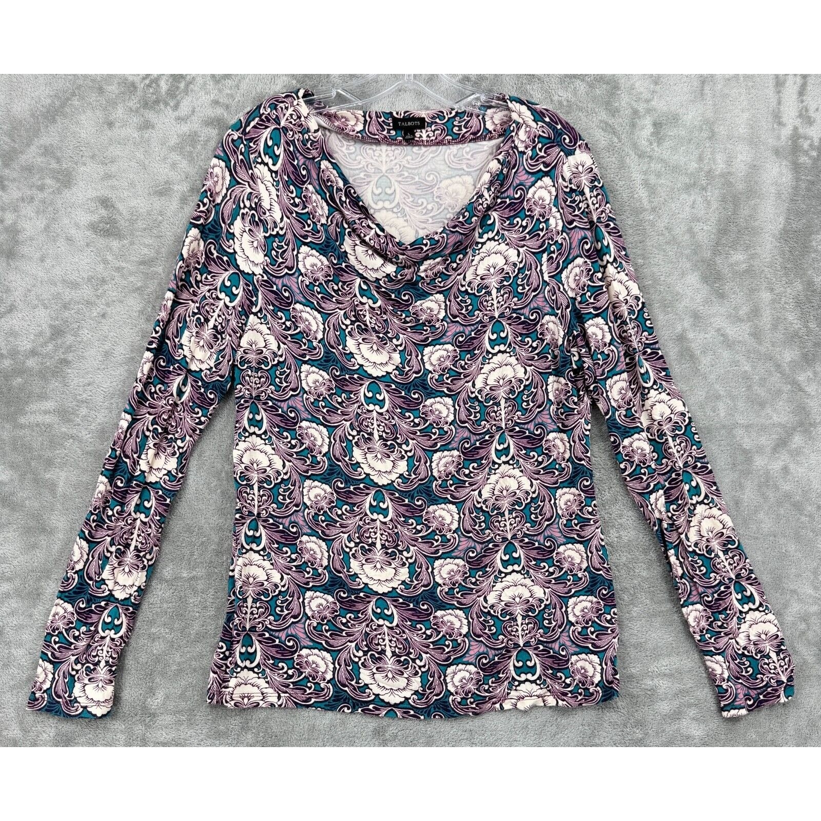 Talbots Top Womens Large Floral Cowl Neck Stretch Knit Pullover Floral Office