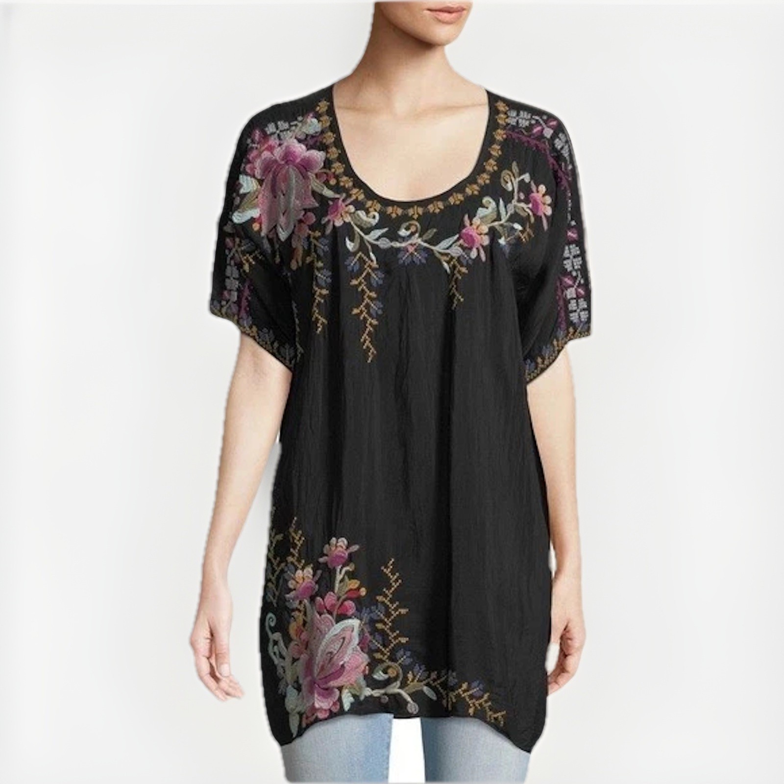 Johnny Was Alyssa Embroidered Tunic Top 3X Black Floral Boho Silk Blend Romantic