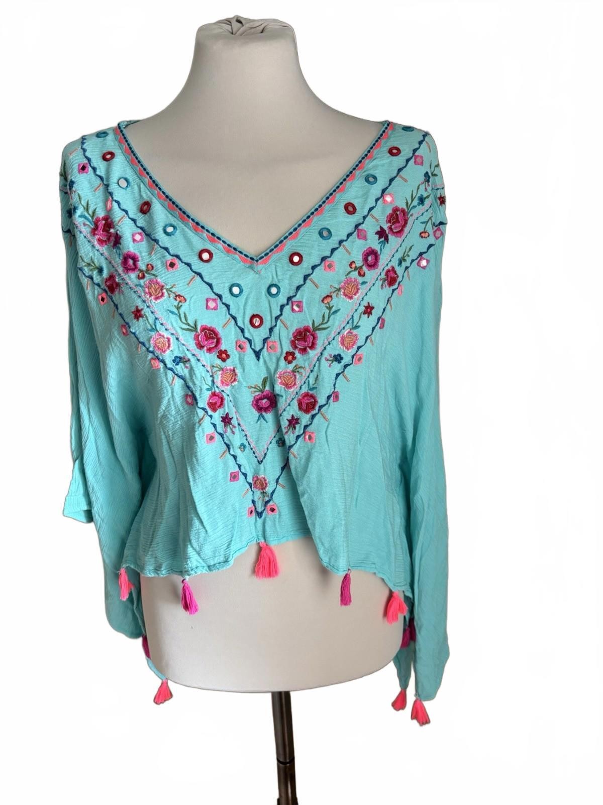 Accessorize Turquoise Mirror Embroidered Boho Folk Floral Tassel Top UK M/L
