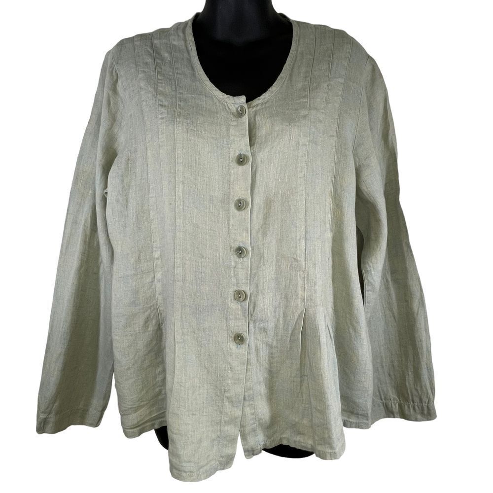 FLAX Womens Linen Button Up Long Sleeve Pleated V Neck Lagenlook Top Size Small