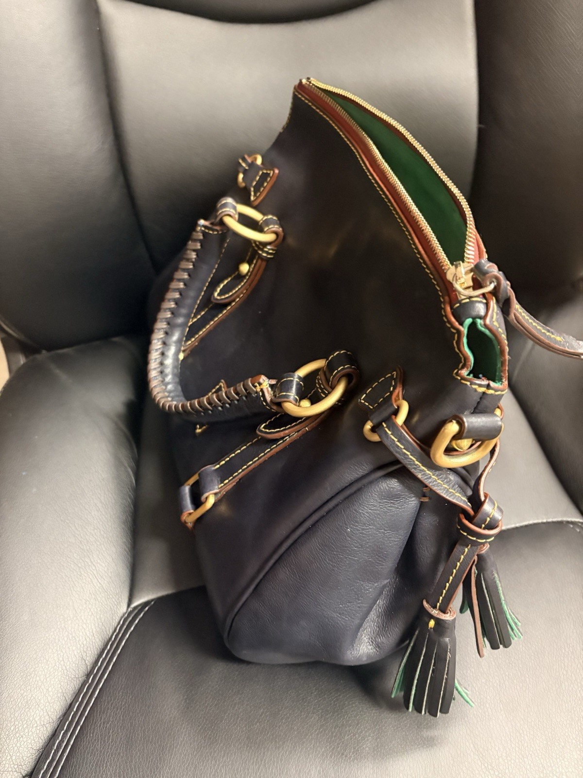 Navy Medium Satchel Top Handle Zip Tassel Green Lining Gold Hardware Strap