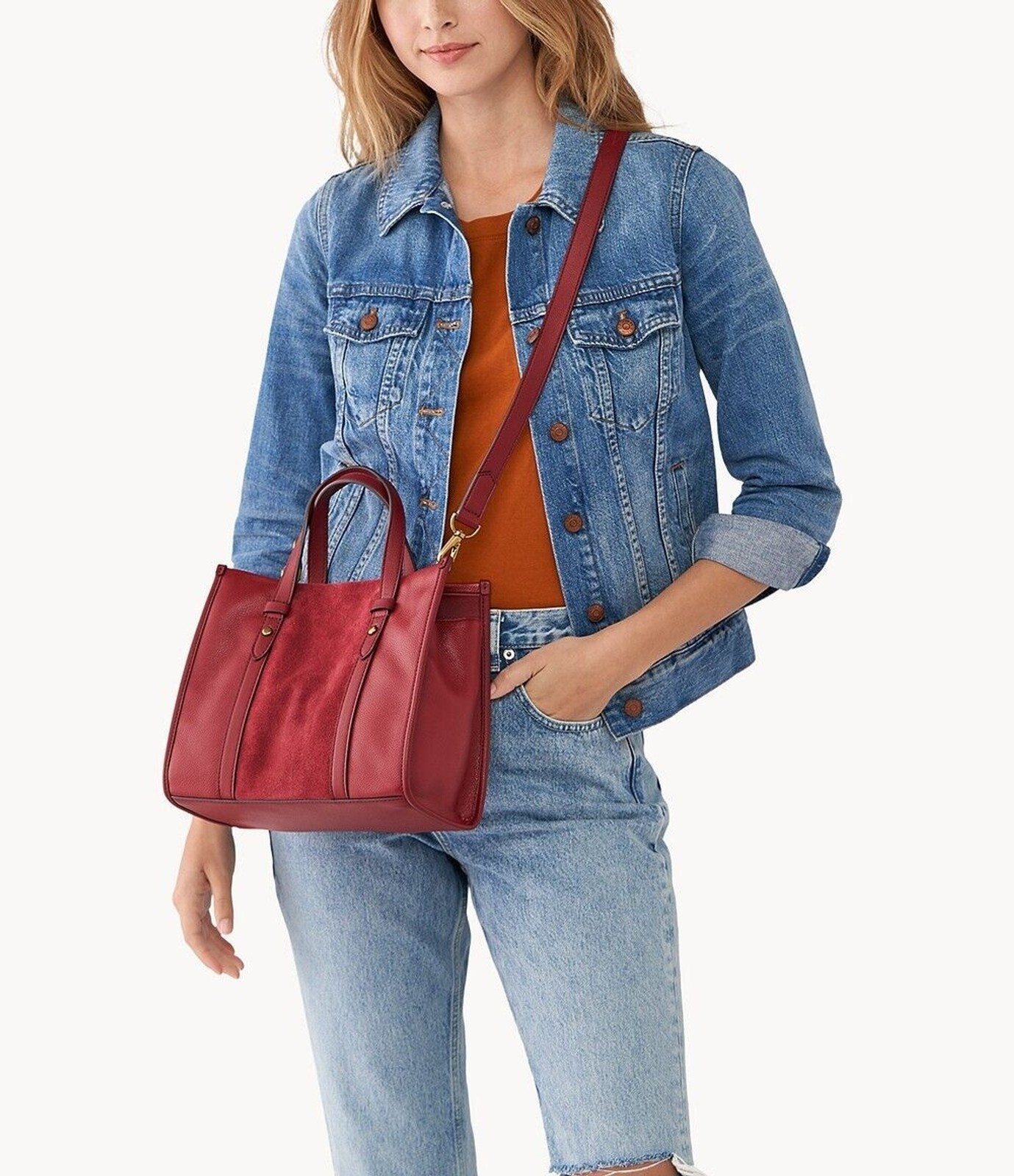 Fossil Kingston Satchel Crossbody Dark Red Velvet Leather SHB3046627 NWT $230