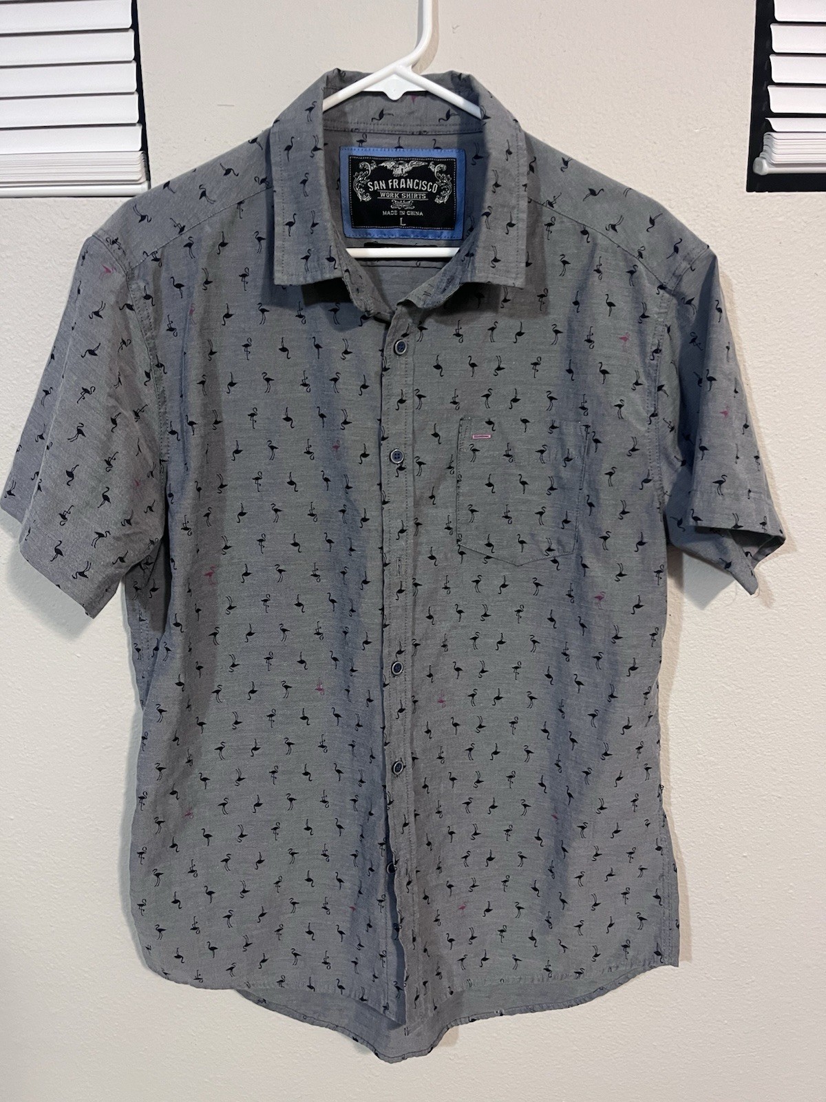 San Francisco Work Shirt Size L Slim Fit Flamingo Print Mens