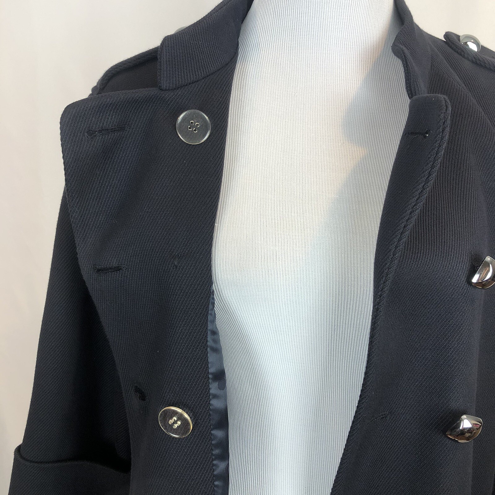 French Connection Navy Pea Coat Size 10 Wool Blend Square Buttons 3 Qtr Sleeves