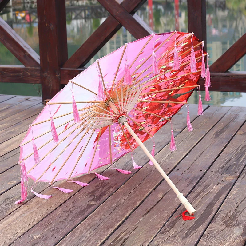 Cloth Parasol Umbrella 82cm Long Handle Silk Tassel Hanfu Cosplay Photo Prop