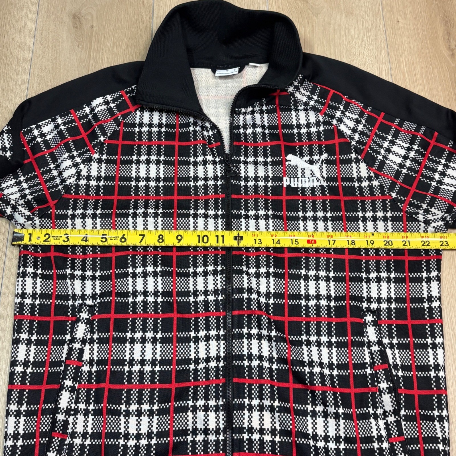 Puma T7 Track 68 Mens Large Plaid Funnel Neck Full Zip Track Jacket Black Red