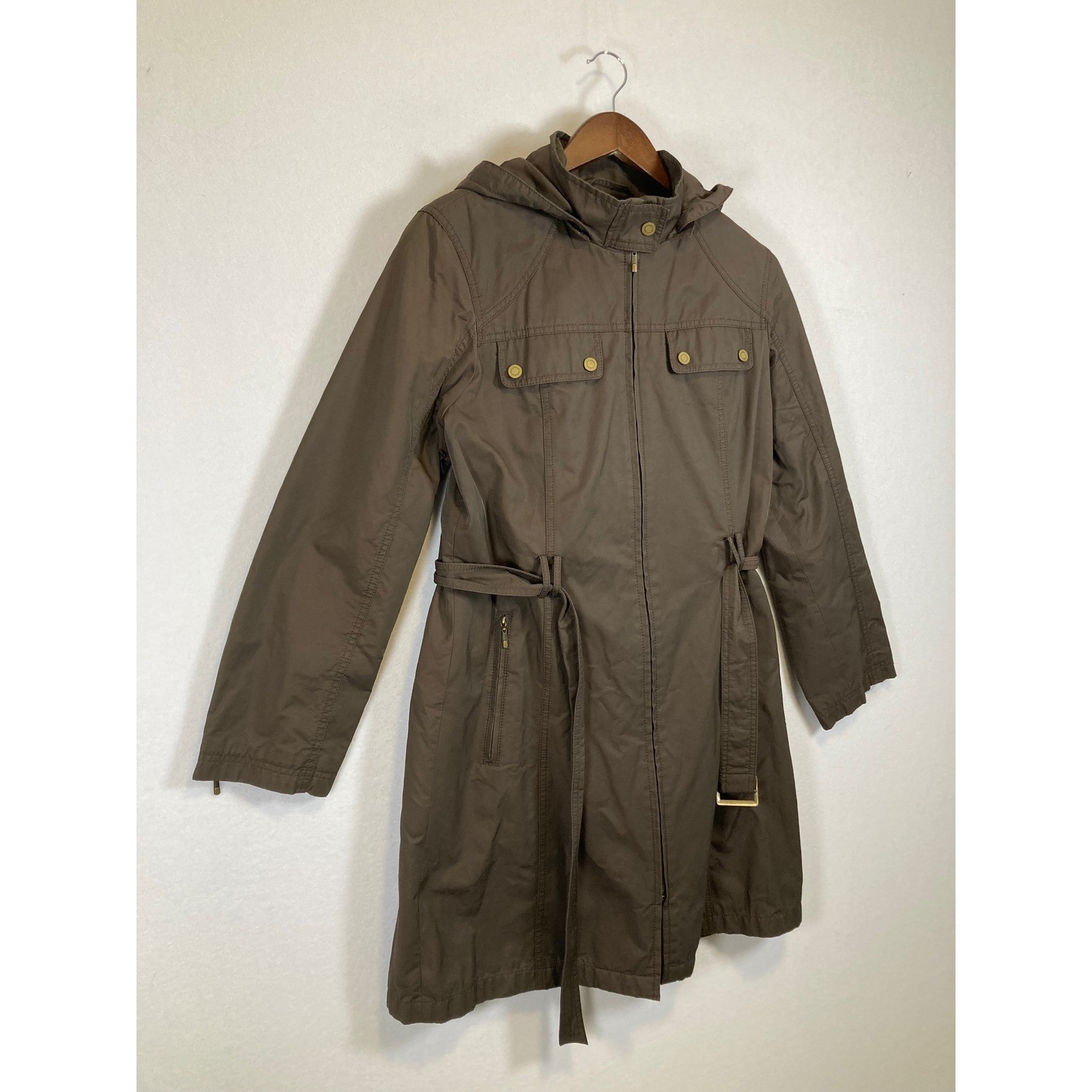 Utility Chic Gallery Women Medium Brown Hooded Belted Quilted Lining Trench Coat