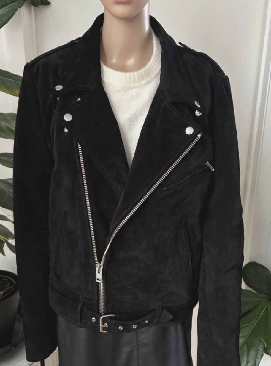 Rolla’s Black Suede Leather Moto Biker Jacket Size L Belted YKK Zip Lined