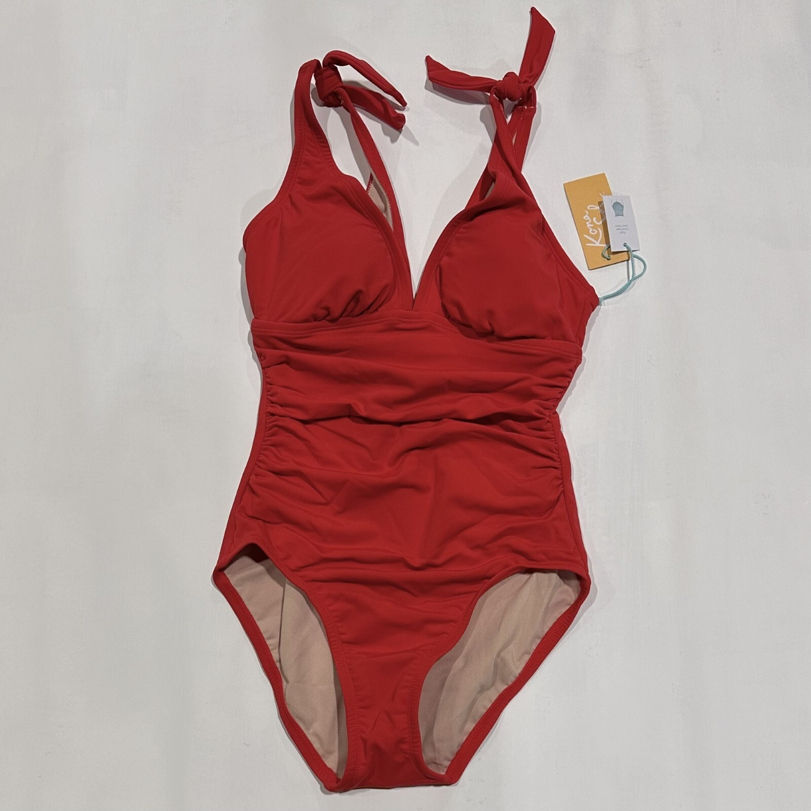 Women’s Shirred Shoulder Tie High Coverage One Piece Swimsuit – Kona Sol Red XS