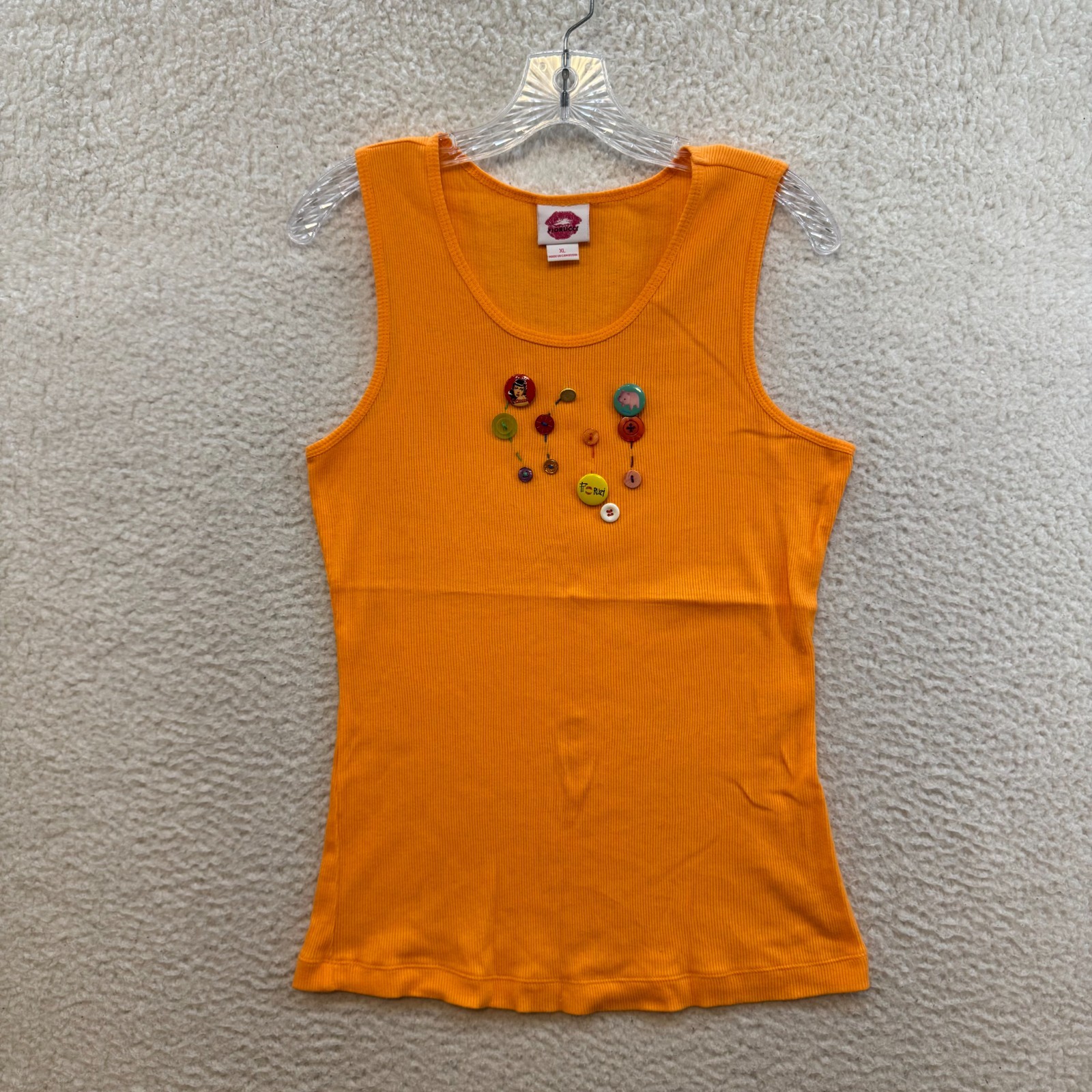 Y2K Vintage Fiorucci Tank Top XL Orange Buttons Pins Embellished Italy Fairy