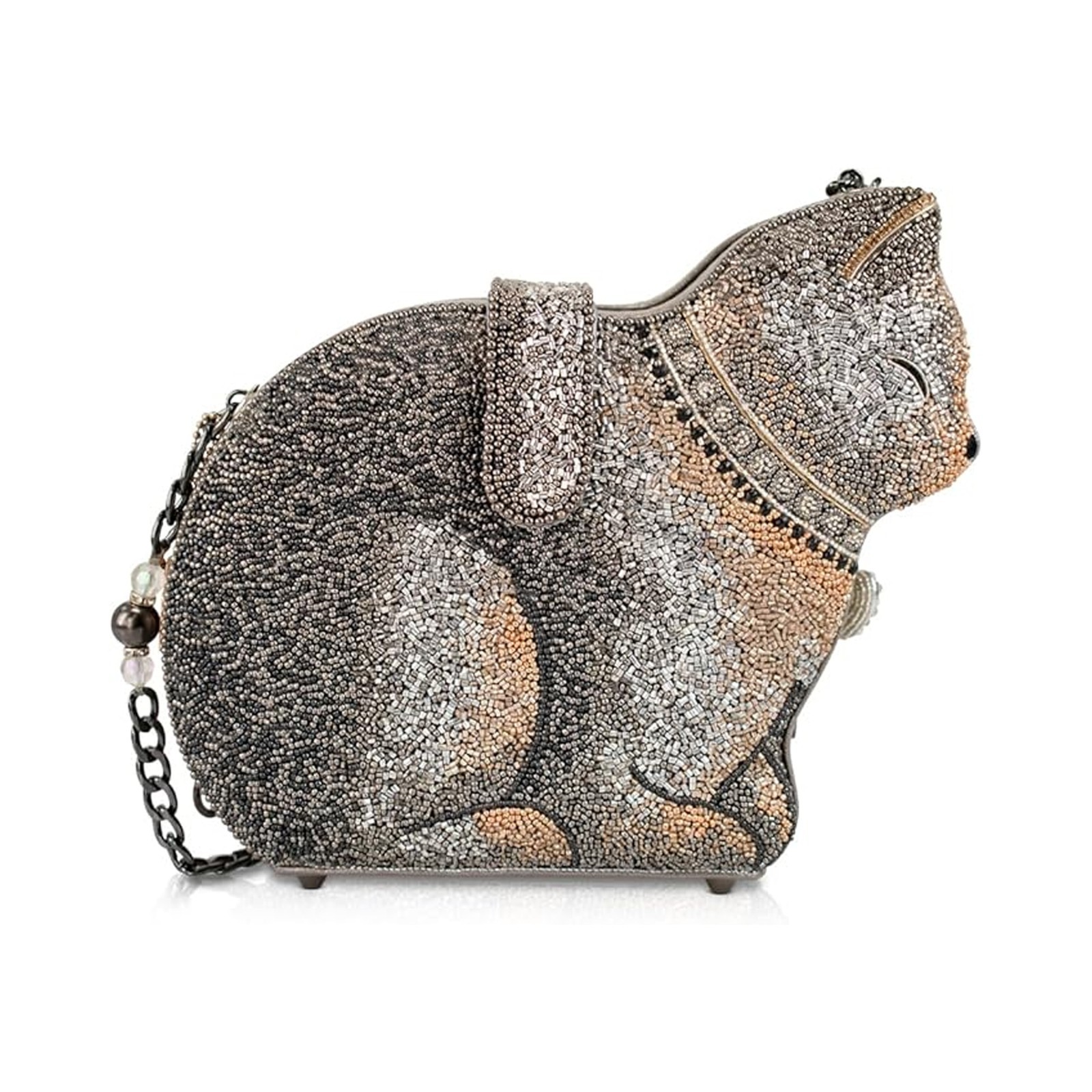 Mary Frances Couture Cat Crossbody Beaded Handbag Kitty Bag Silver Gold Purse NW
