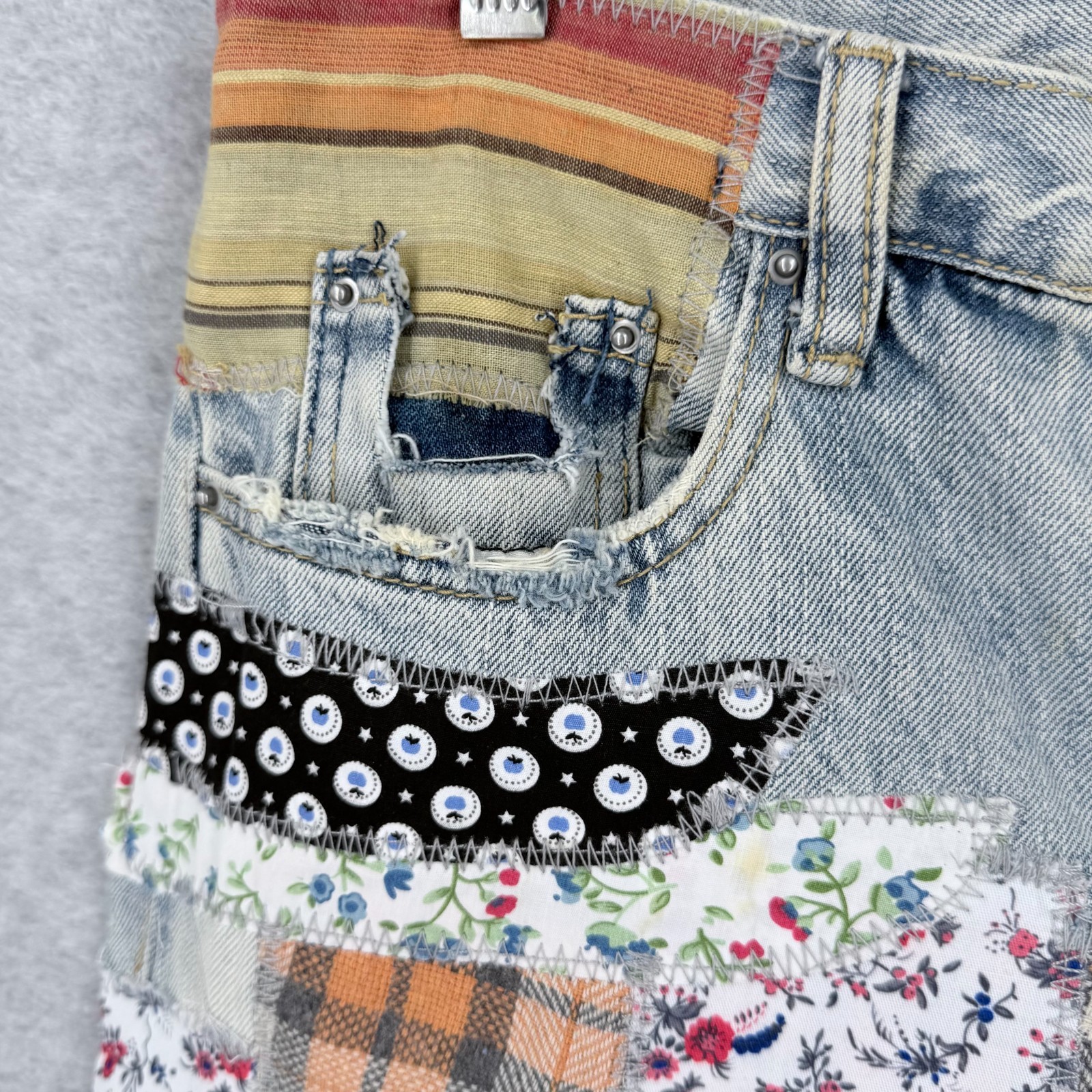 MNML V291 Jeans Patchwork Mens 30 Button Fly Y2K Denim Texture Pattern Pants