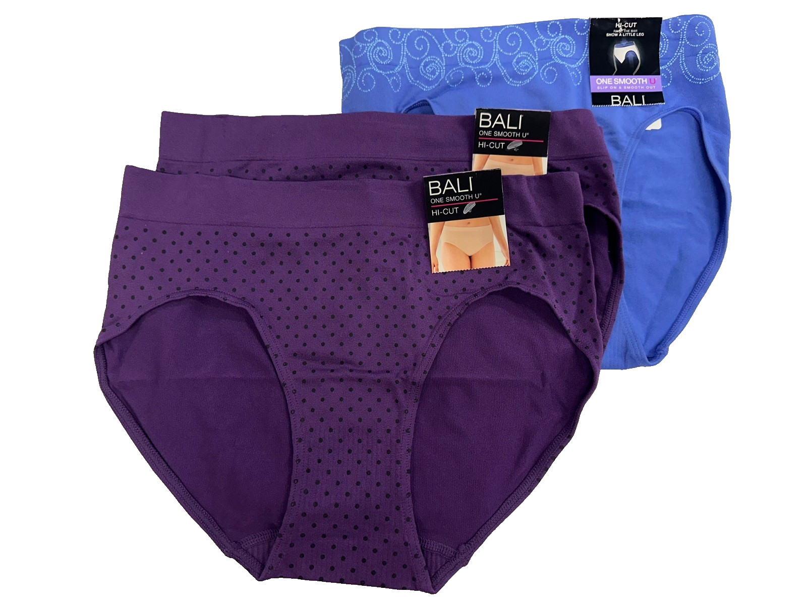 Bali womens 3-Pack Smooth U Hi-Cut Brief Size 2XL/9 Vista Purple Blue Underwear