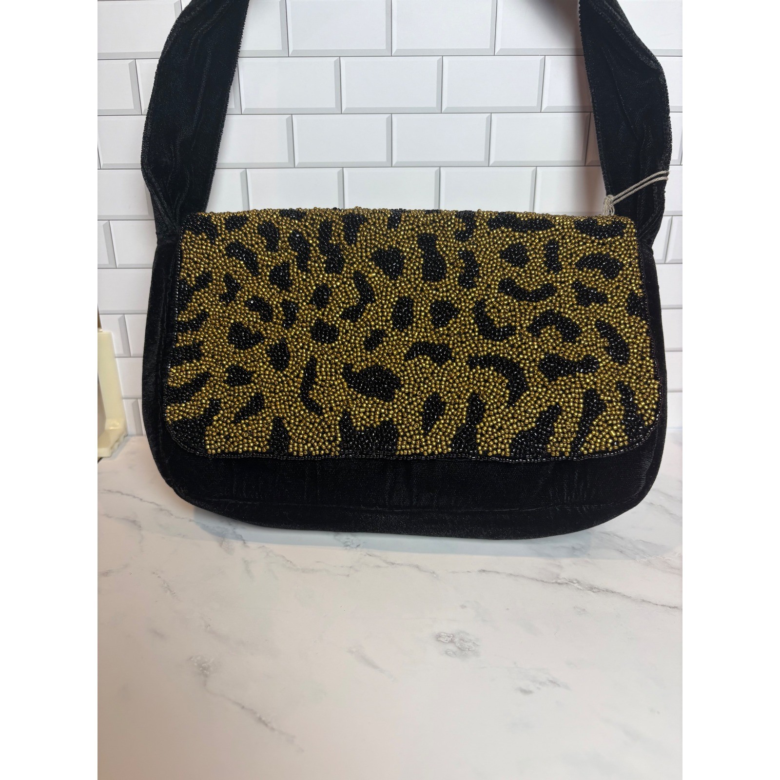 A New Day Black Velvet Leopard Beaded Shoulder Evening Handbag NWT