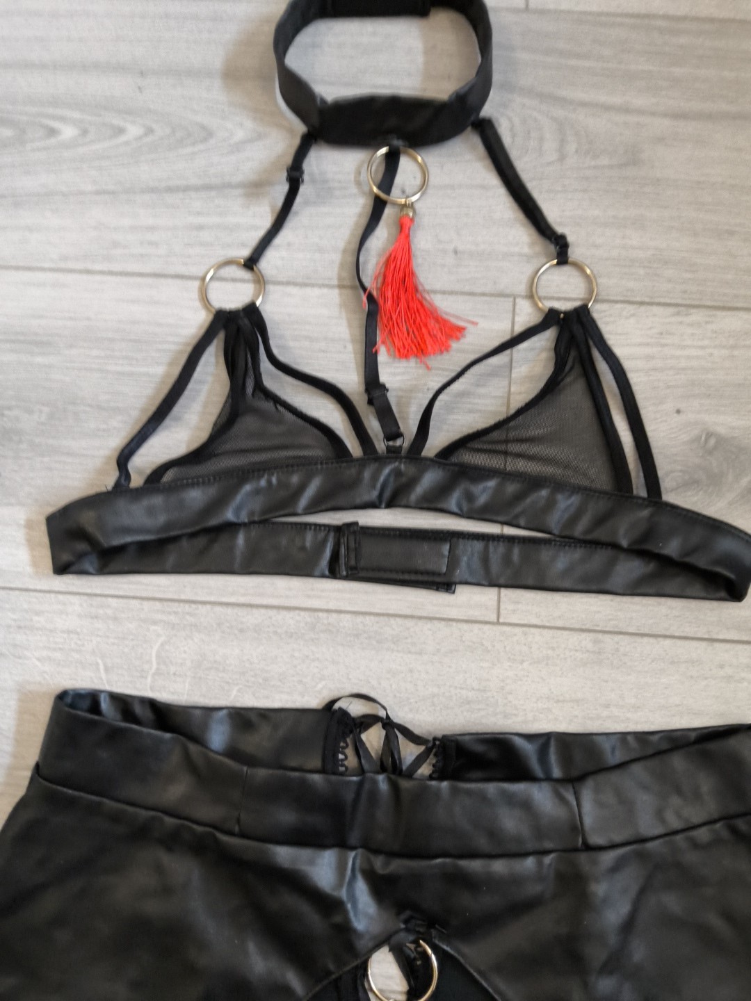 BNWOT Black PVC & Sheer Mesh Tassel Suspender Skirt & Bra Top Set Size 10-14