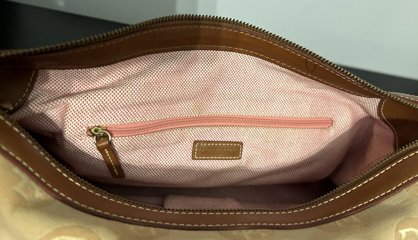 Dooney Bourke Satchel Purse Tan Canvas Leather 2 Front Lock Double Pocket