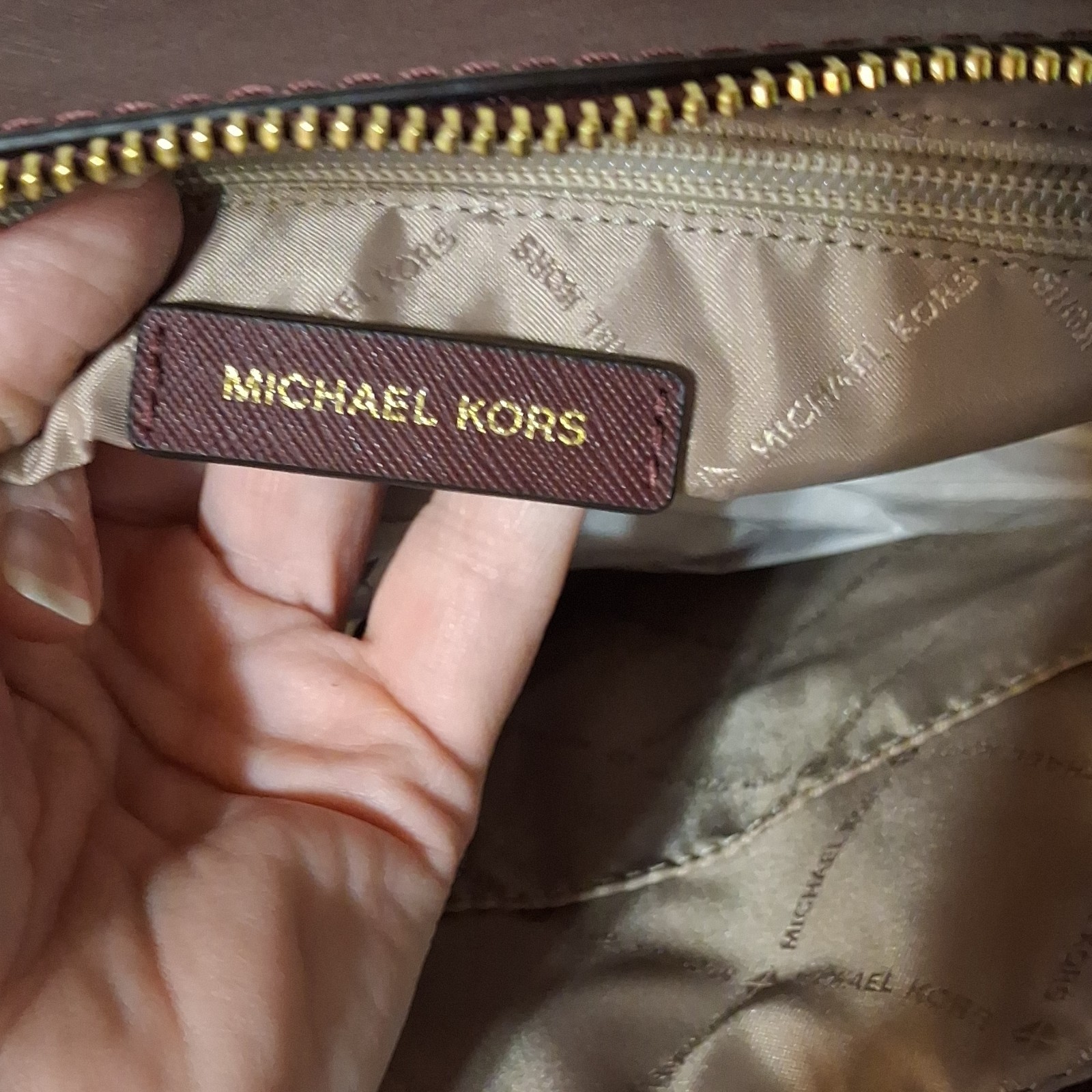 Michael Kors Burgundy Charlotte Large Tote Bag Zip Top Gold Hardware Charm