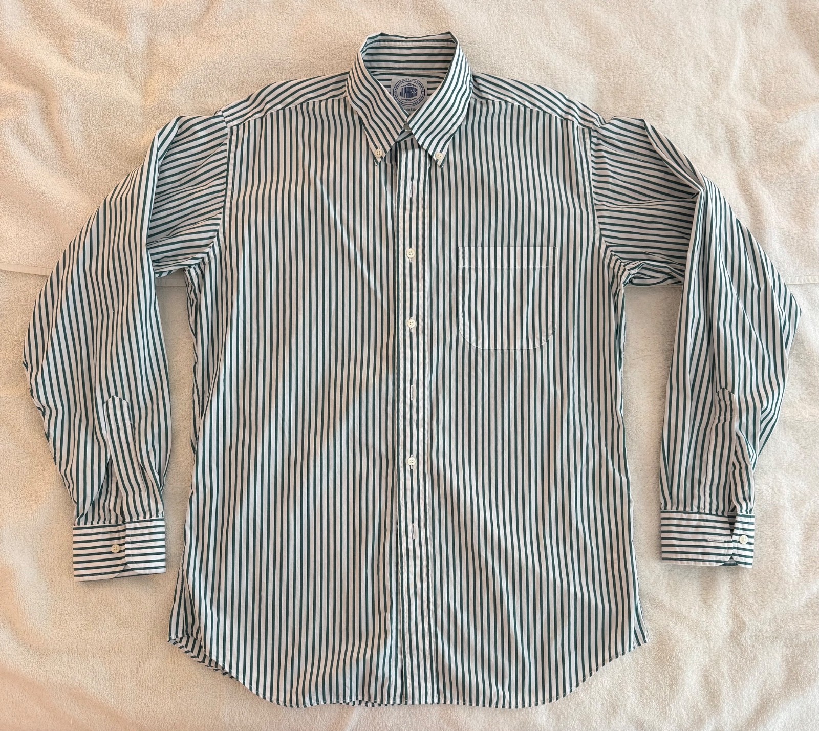 J Press – Worn Once – Hunter Green, Butcher Stripe Button Down Size 15 1/2 x 35