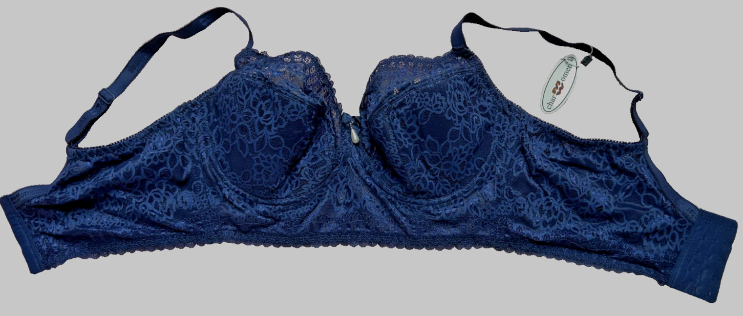 40D Midi Bustier Bra Navy Blue Lace Underwire Full Coverage Support Semi Padded
