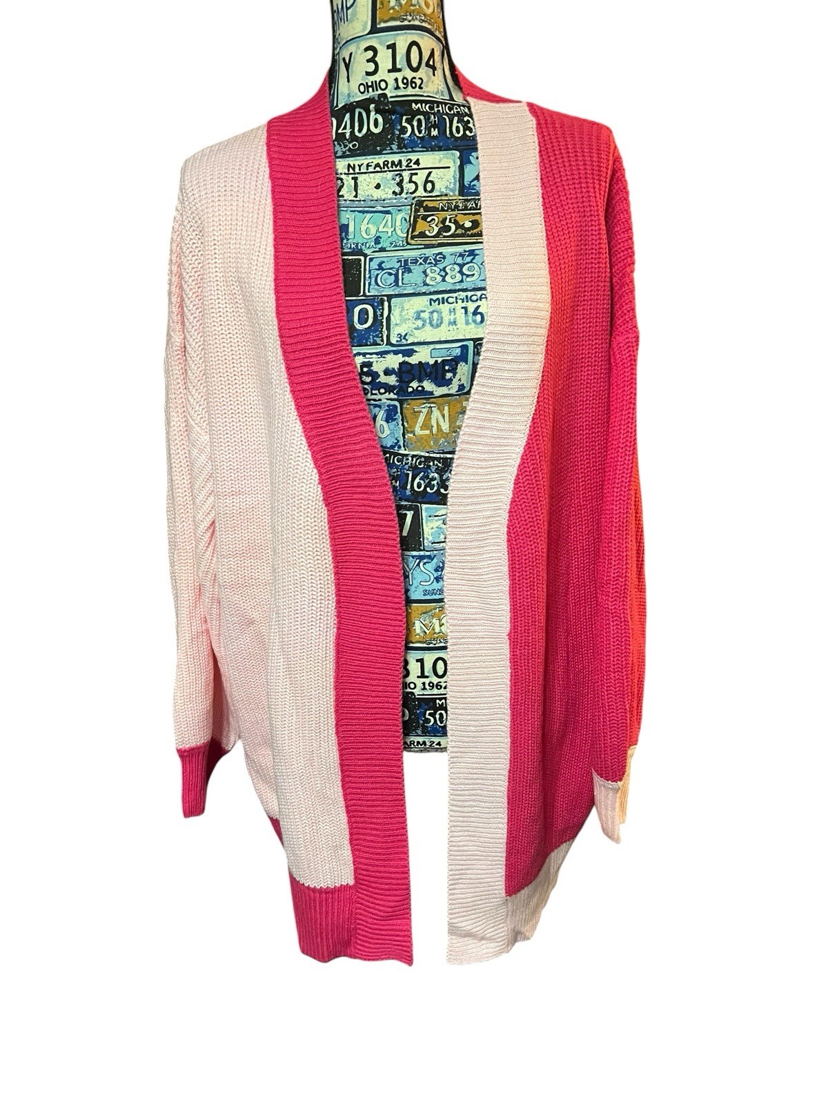 Two Tone Bright Pink Color Block Cardigan Preppy Glam Girlie Librarian Sz L