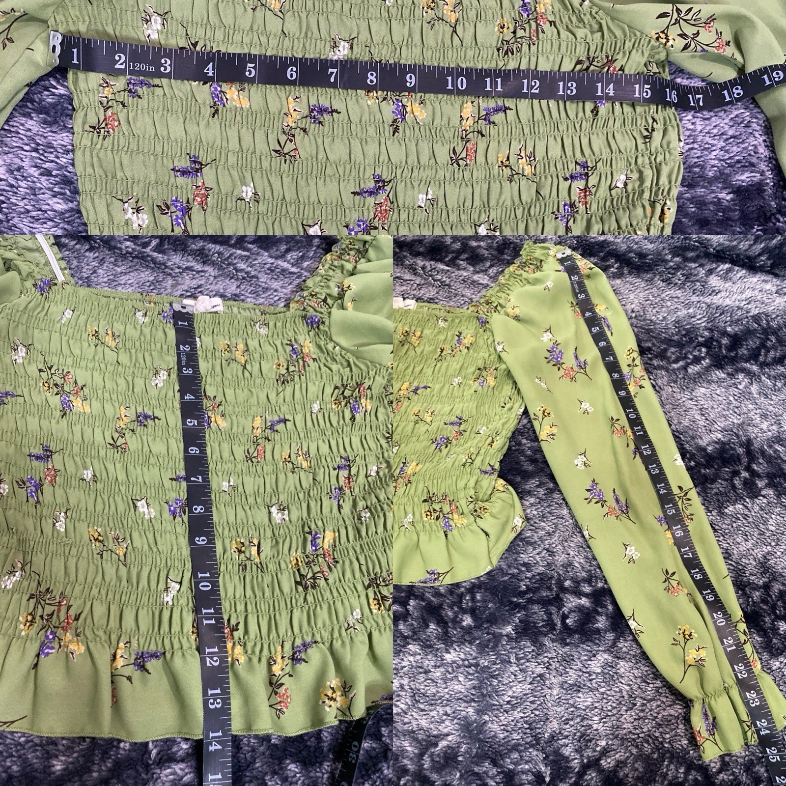 Hesperus Women’s Medium Green Floral Scrunch Stretch Long Sleeve Top