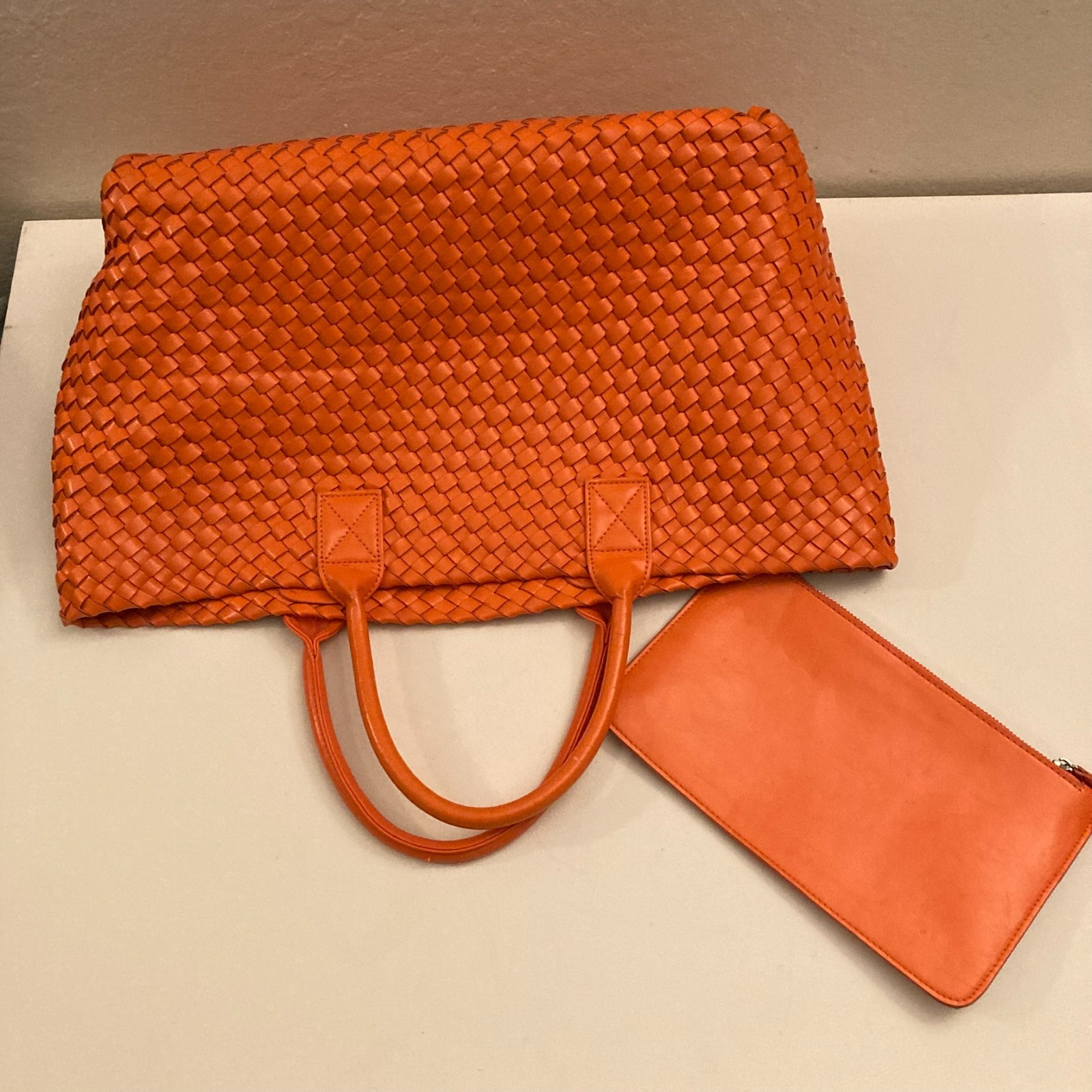 Woven Nappa Leather Tote Bag 21″ Intrecciato Shopper Lambskin Orange Large
