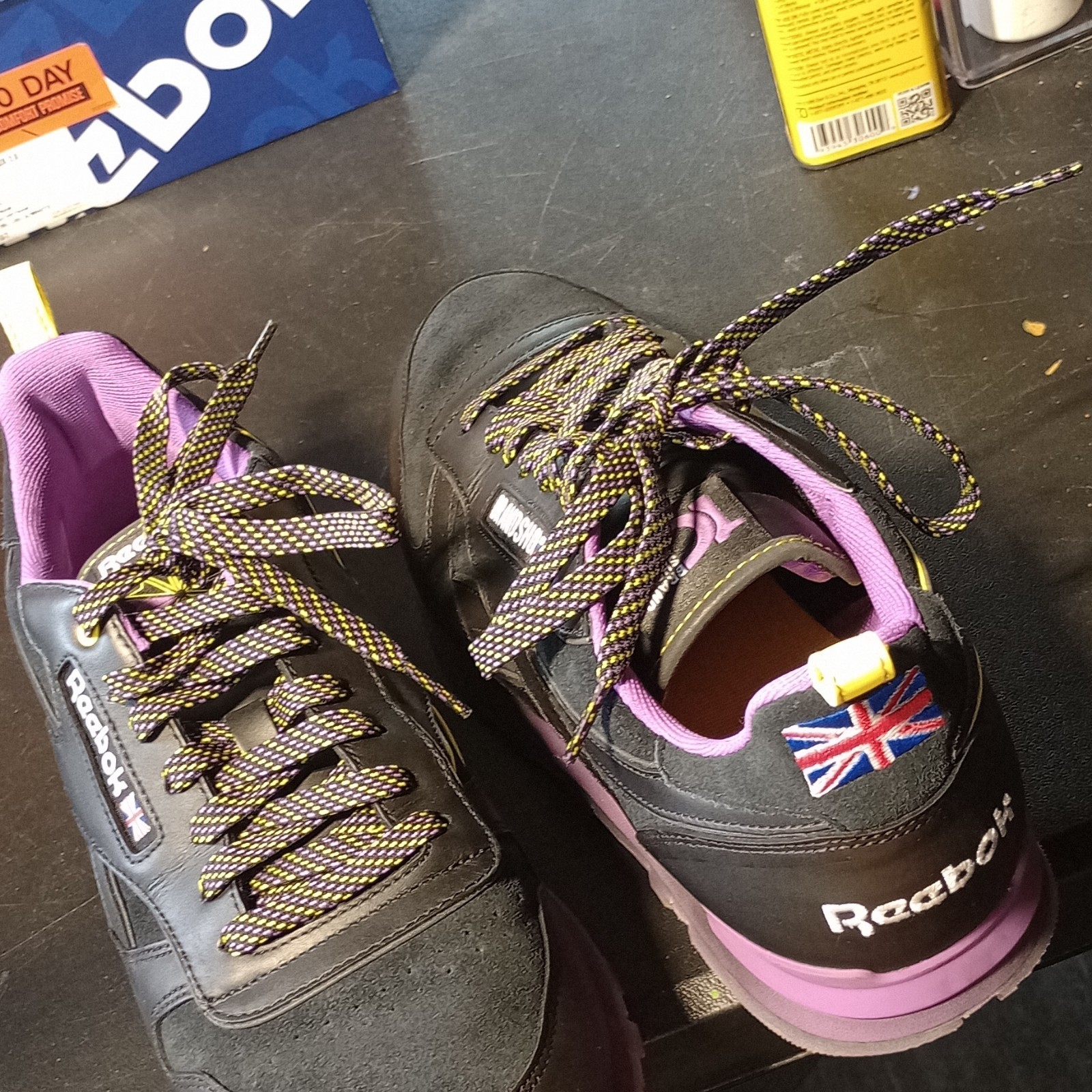 Reebok Classic Men’s Low Top Lace-Up Sneakers Black Purple Yellow Union Jack