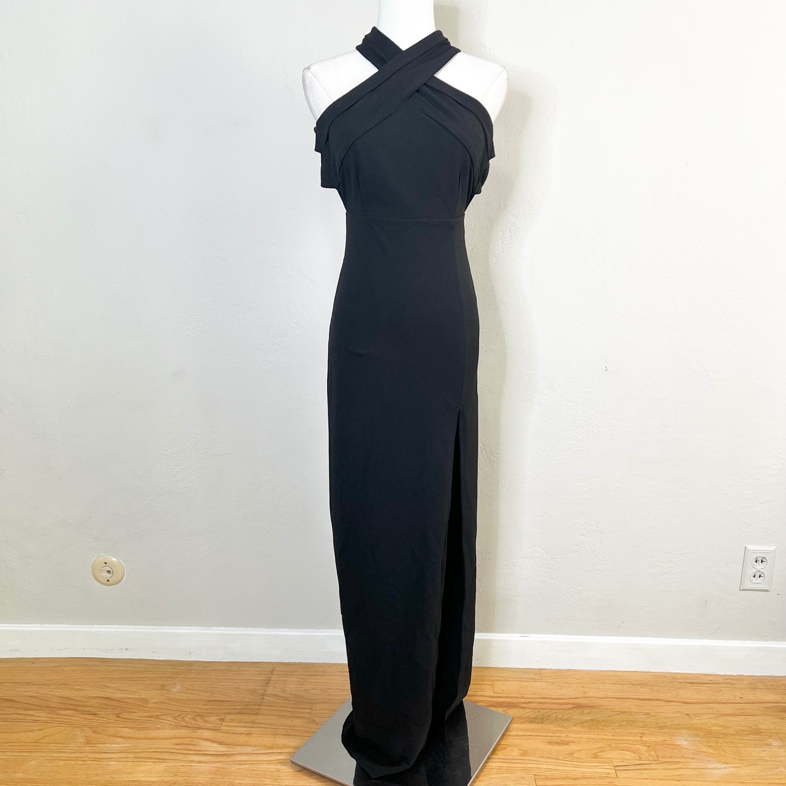 Lulus Black Crisscross Halter Neck Cutout Back Maxi Dress High Slit XS