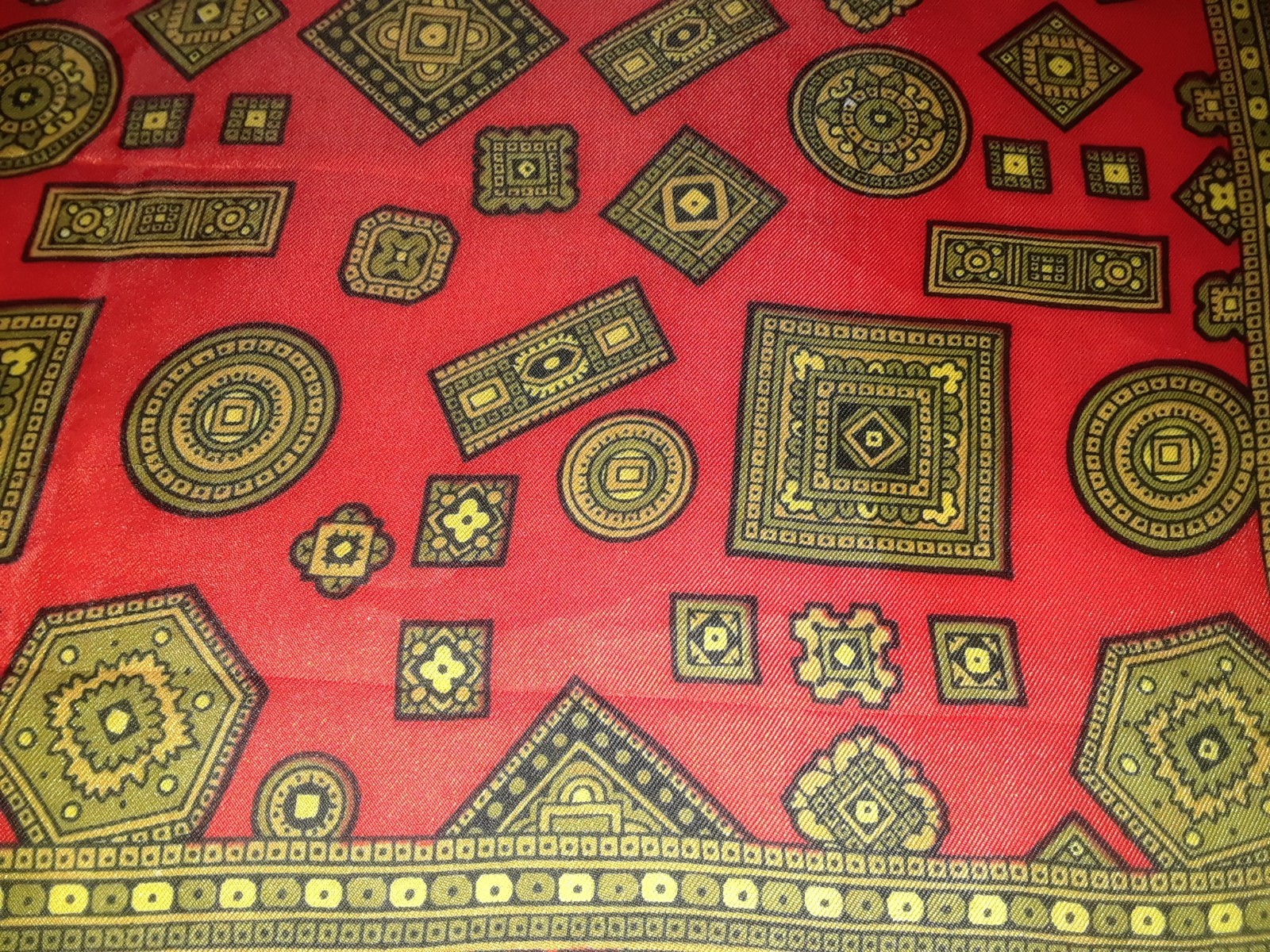 Red Black Green Yellow Ornate Geometric 100% Silk Square Scarf 22″