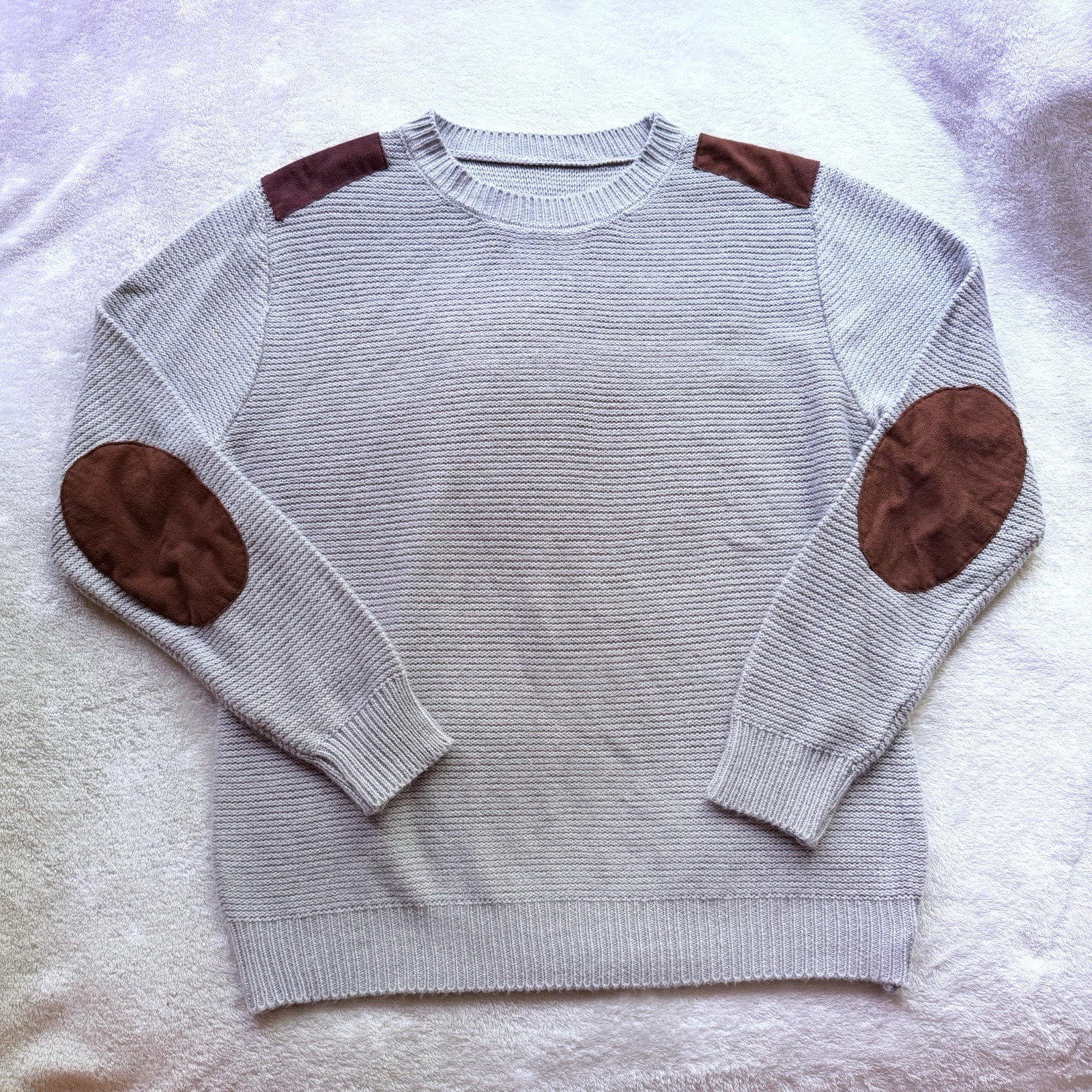 Grey Oversized Knit Sweater With Brown Elbow & Shoulder Patches / Size L