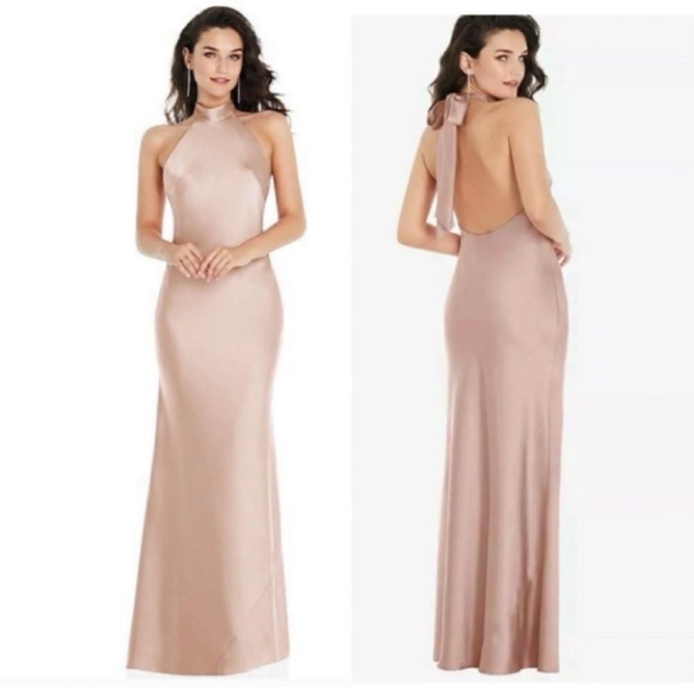 Social by Dessy 8223 Scarf Tie Halter Maxi Gown Dress, Cameo Beige, Size M NWT
