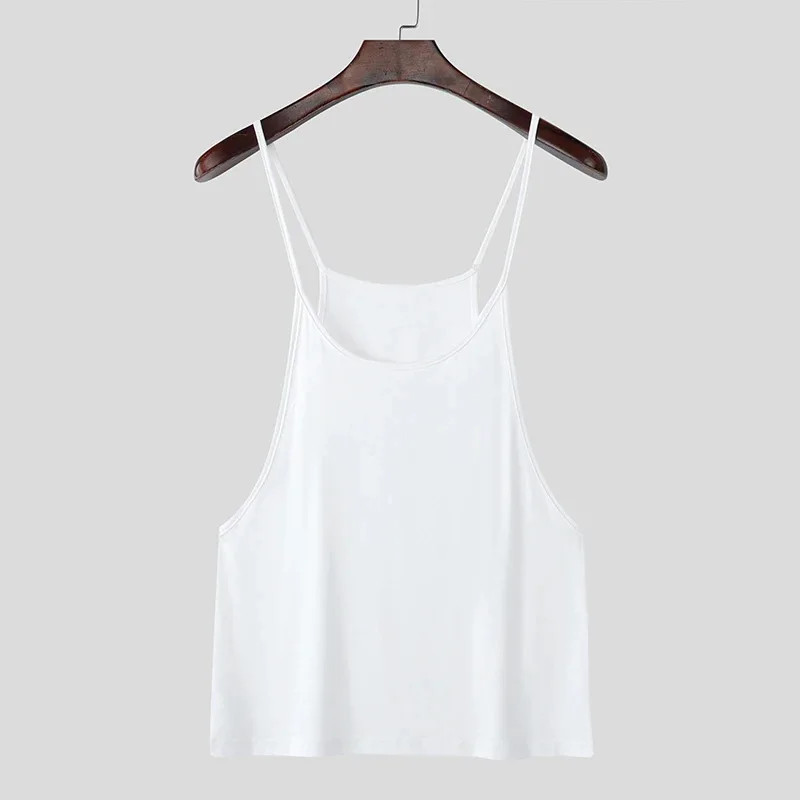 Men Deep U Neck Thin Spaghetti Strap Tank Tops Solid Color Gym Workout Vest Body