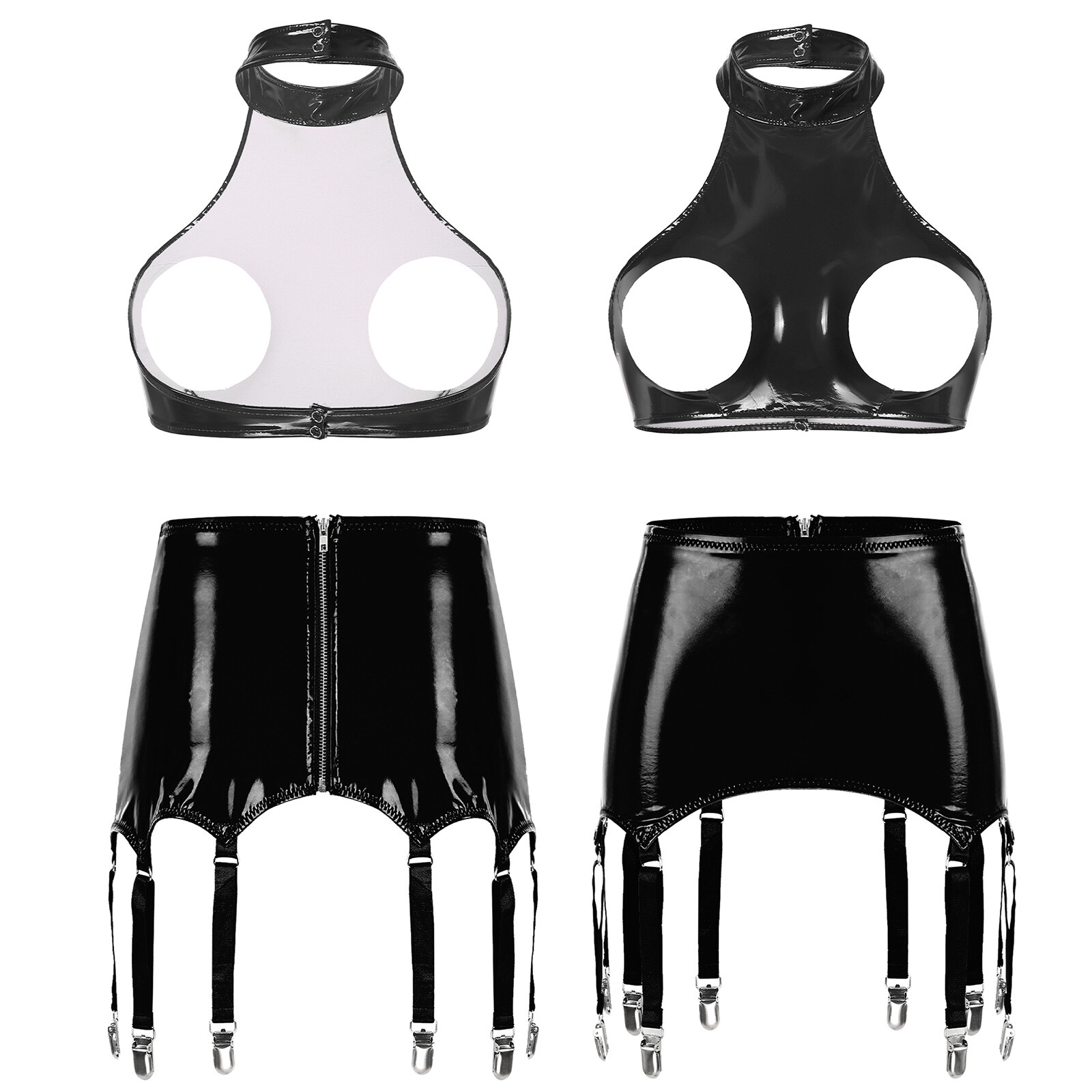 Womens Lingerie Set Backless Clubwear Solid Bra Tops With Mini Skirt Open Bust