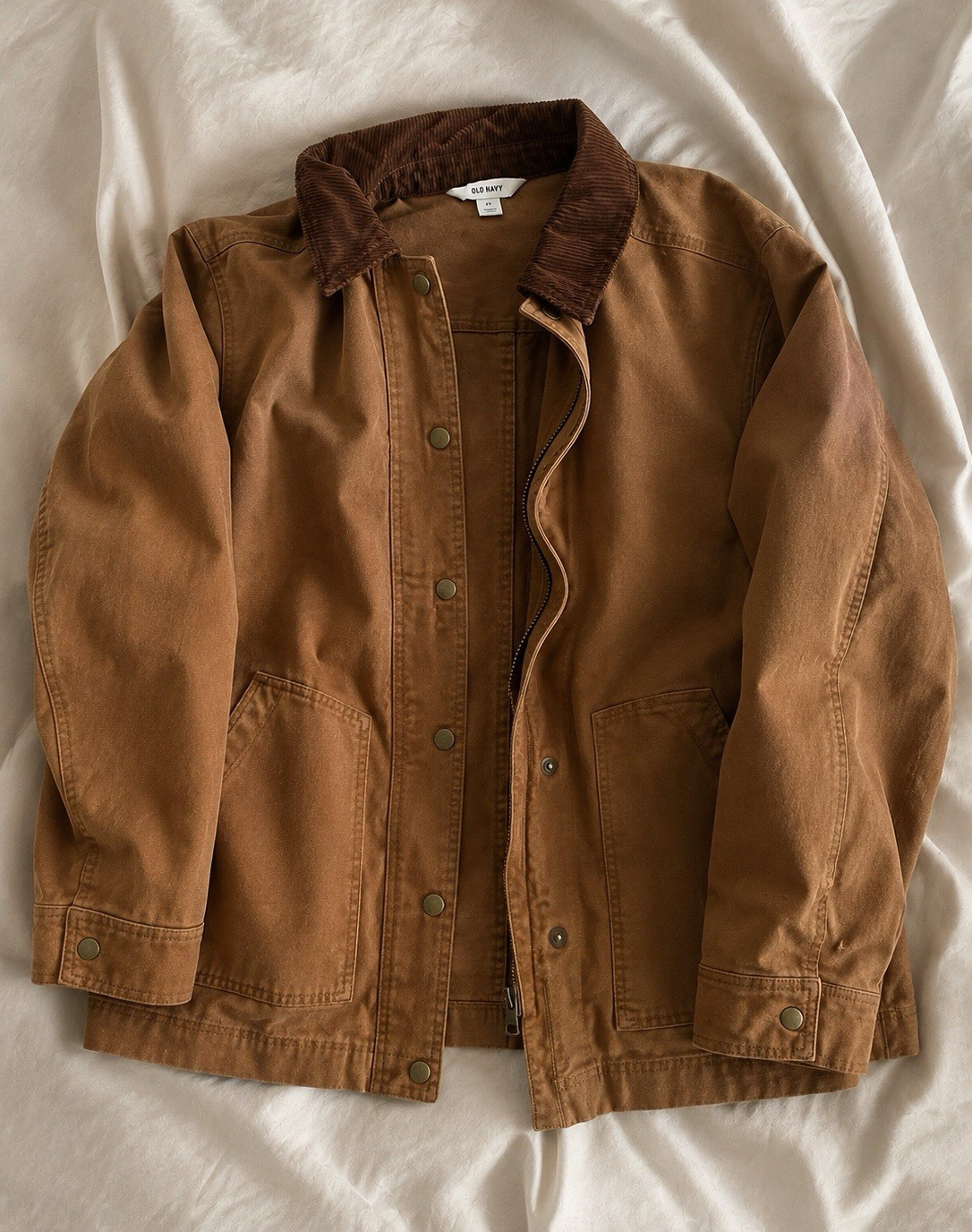 Old Navy Men’s Brown Work Jacket XL Cotton Button/Zip Point Collar Short