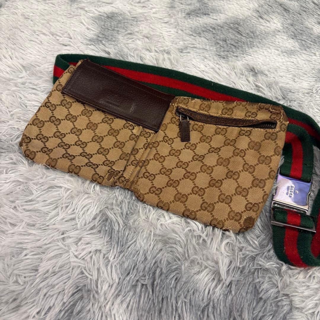 GUCCI GG Supreme Canvas Belt Bag Sherry Line Brown Crossbody Waist Pouch 28566