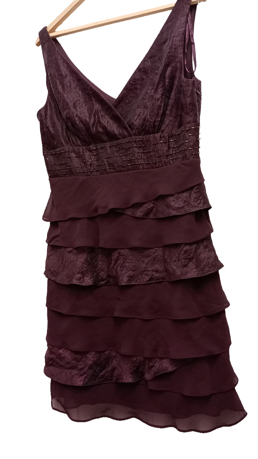 S.L. Fashions Burgundy Tiered Ruffle Cocktail Dress – Size 14