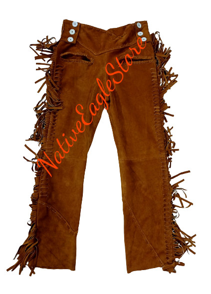 Old Style Cognac Brown Suede leather Western Fringes Side Buttoned Pants SP-26