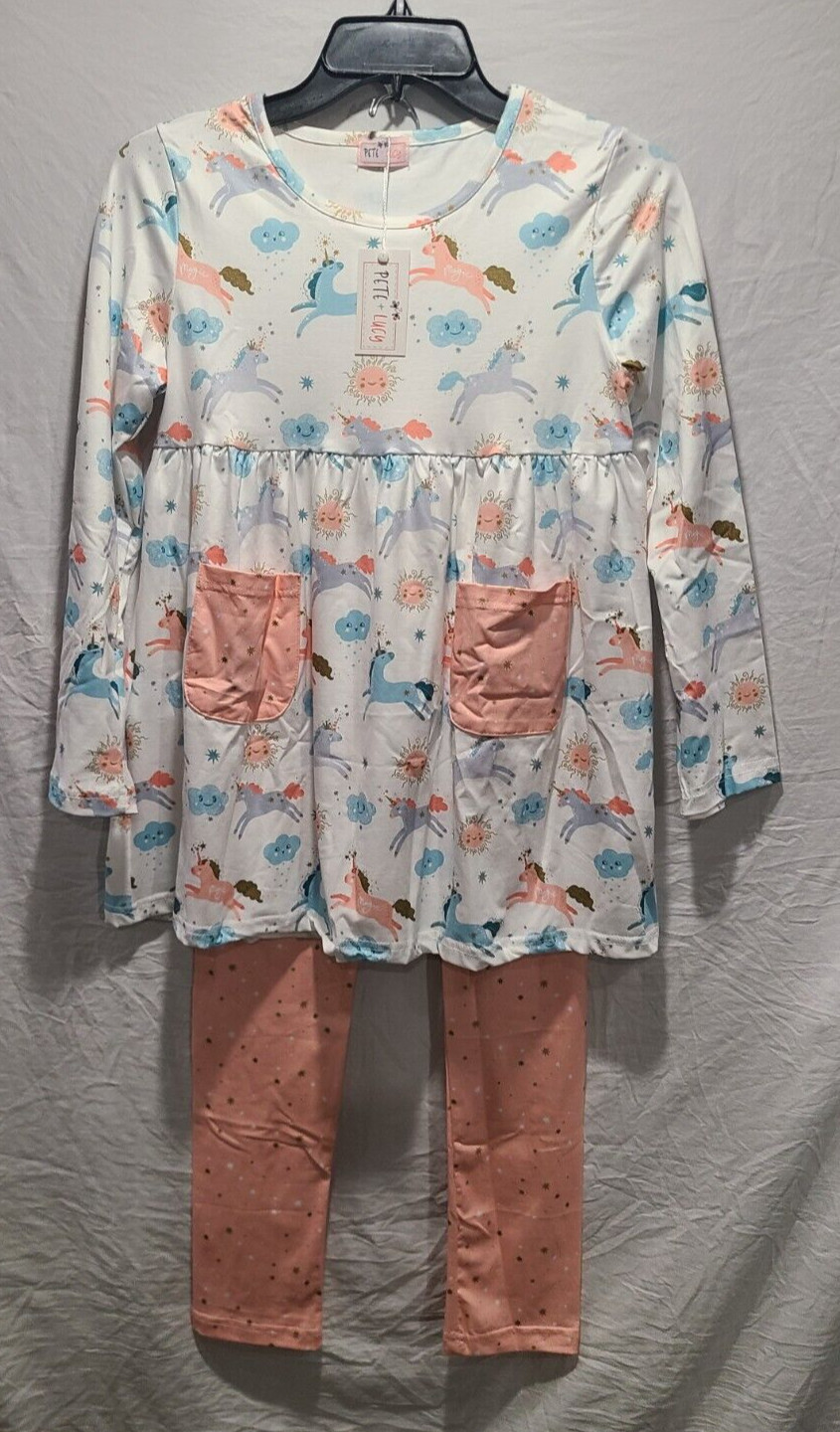Pete and Lucy Coral Blue & White Unicorn Sky Print Pant Set Sz 10-12 Girls New