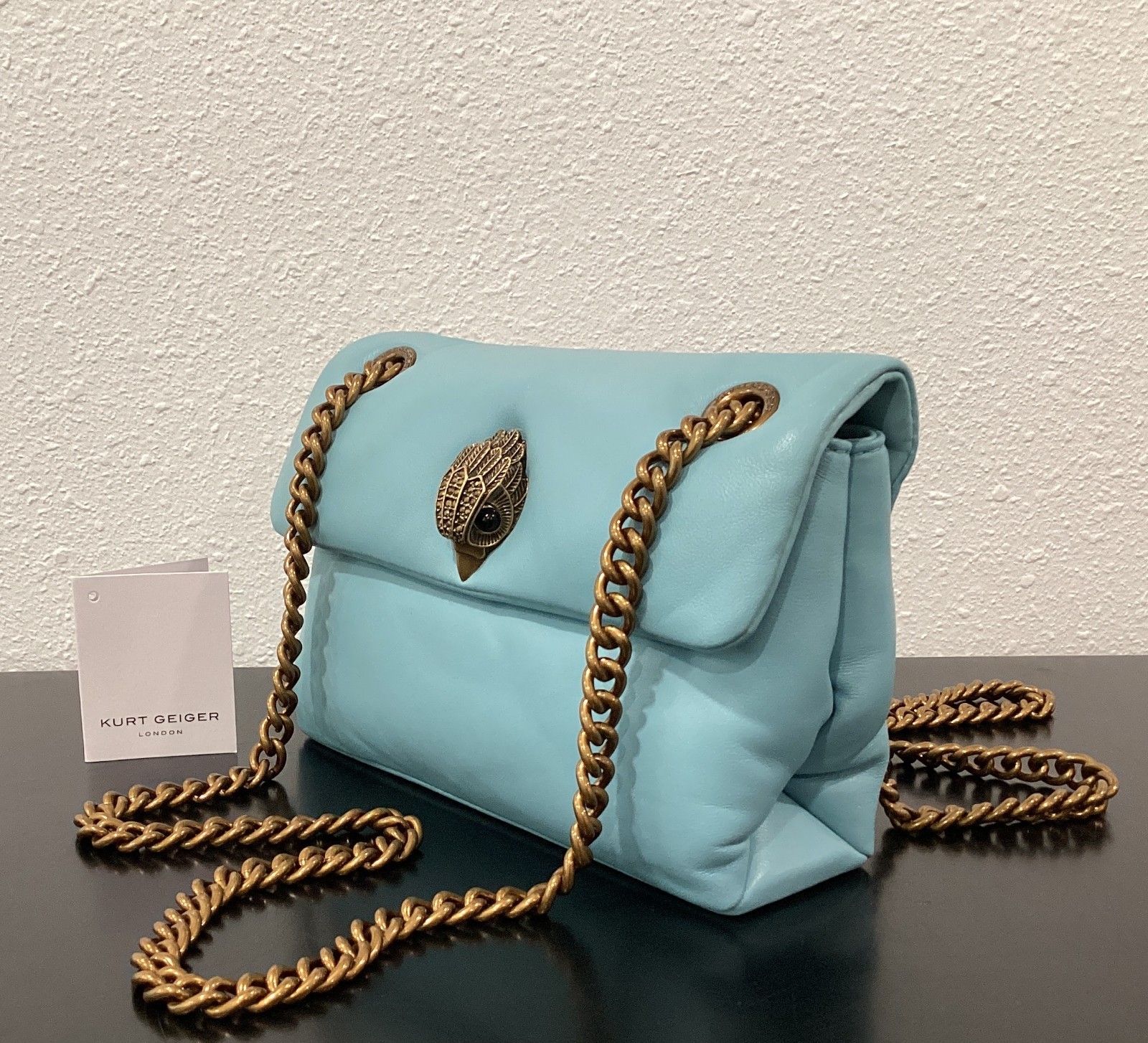 Kurt Geiger Mini Kew 7.75″ x 5″ x 2.5″ Soft Leather Mid Blue Antique Brass New