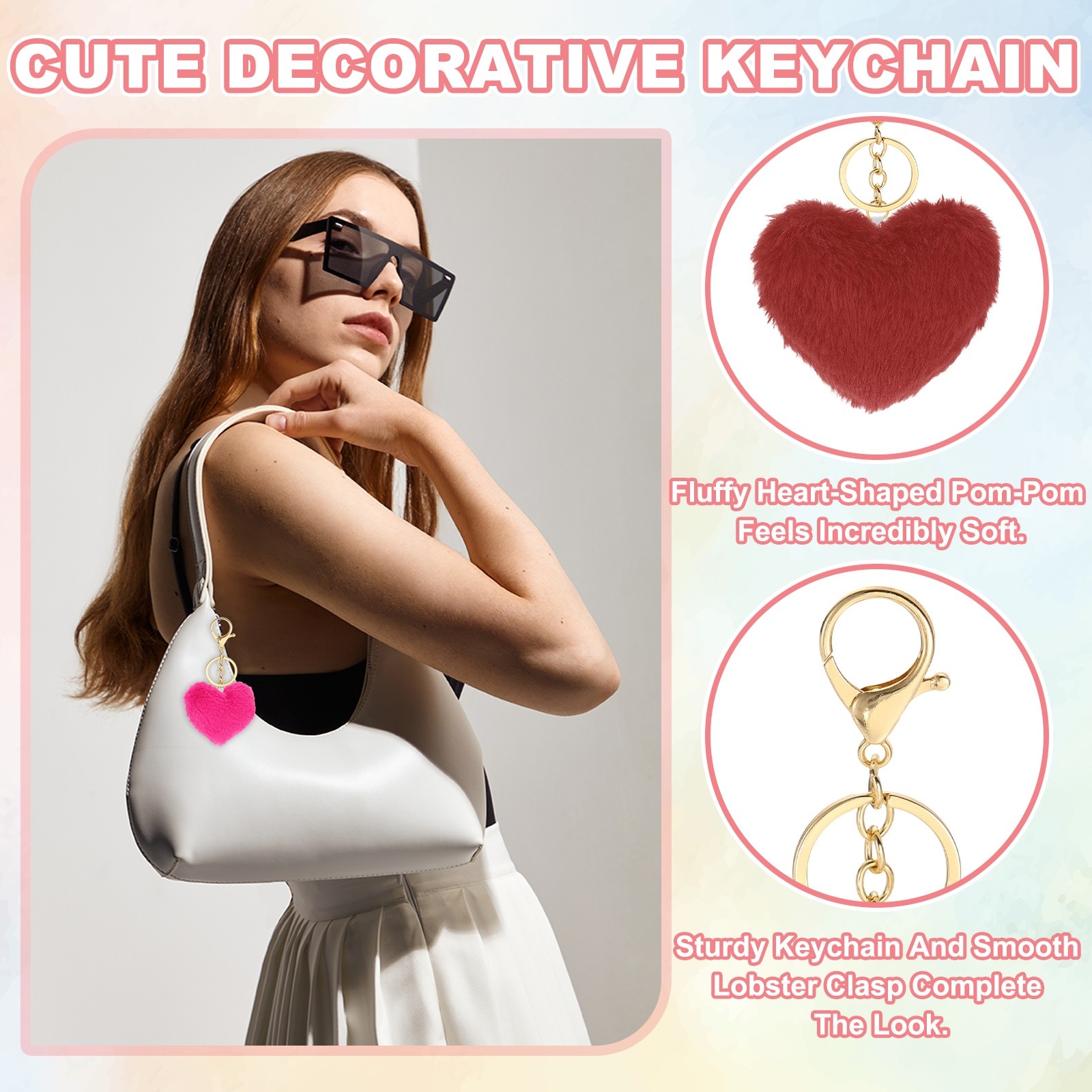 Heart Pom Pom Keychain 12Pcs Faux Fur Fluffy Keyring Burgundy(Gold Buckle)