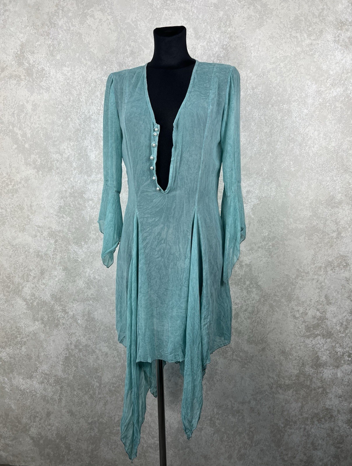 Elisa Cavaletti Aqua Green Crinkle Tunic Dress Pearl Buttons Lagenlook Boho M/L