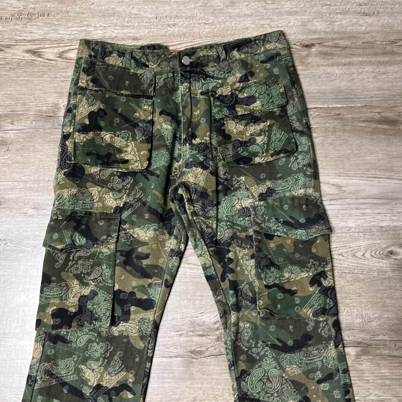 BoohooMan Stacked Pants Mens 32 Camo Bandana Print Cargo Pocket Flare Leg NWT