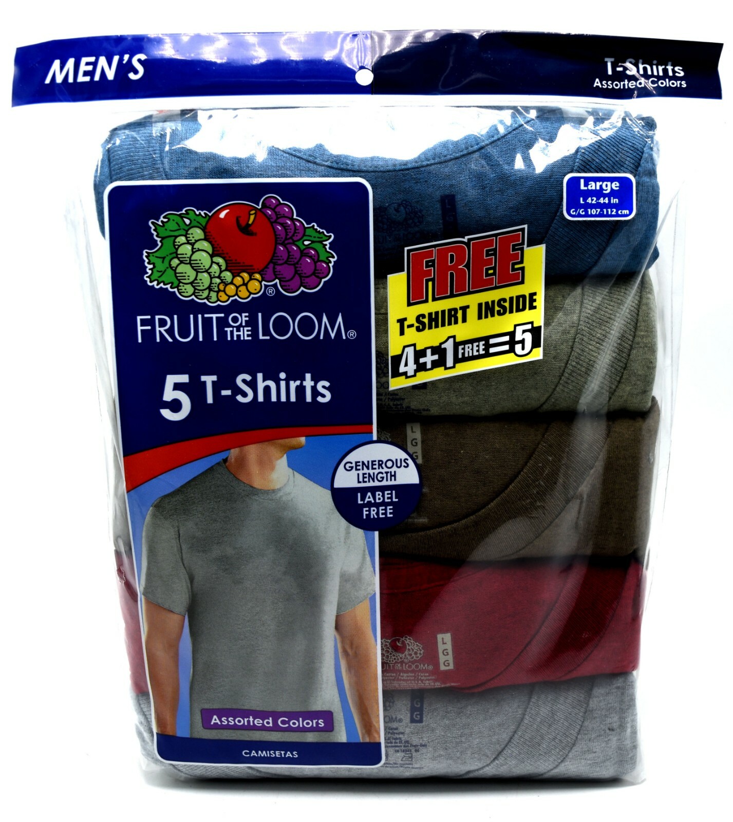 5 Assorted Color L 42-44 Inch Crew Neck T-Shirts Fruit Of The Loom G 107-112 CM