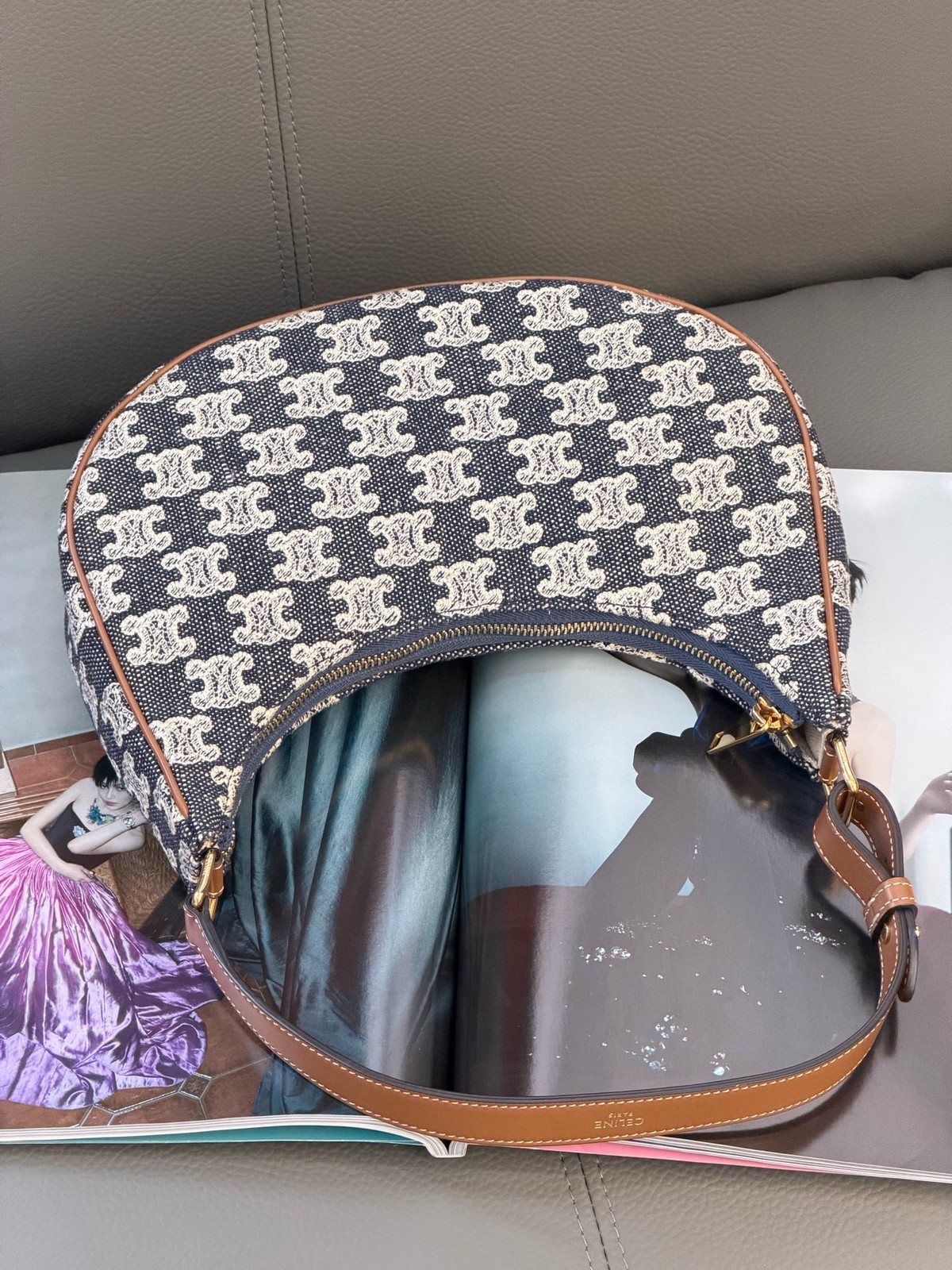 Celine Ava Denim Triomphe Embroidered Blue Shoulder Bag
