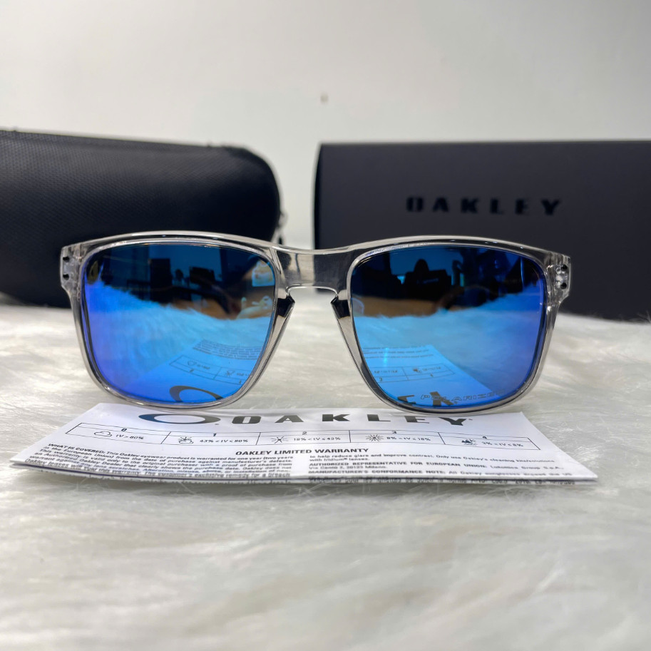NEW Oakley Holbrook Sunglasses Grey Smoke Clear Frame Blue Mirror Polarized Lens