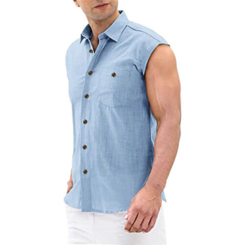 Men Solid Sleeveless Button Down Shirt with Chest Pockets Breathable Tank Top